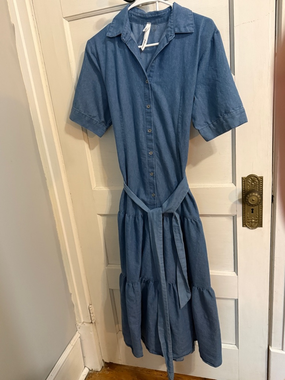 Collection B Denim-Style Blue Tiered Shirt Dress with Self Tie